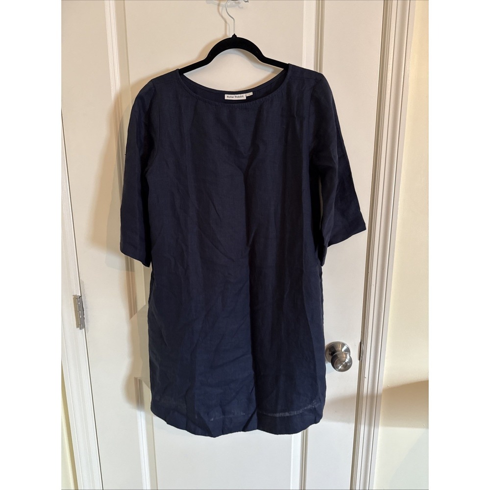 Roller Rabbit Lorena Navy 100% Linen Shift Dress 3/4 Sleeves Lined Pockets Sm